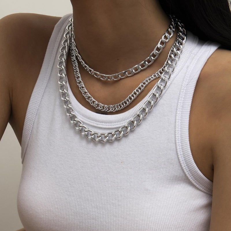 ANGLEQUEEN Chunky Silver Necklaces for Women Silver Layered Pirate Necklaces Punk 8090s Hip Hop Cuban Link Chain Necklace Layered Choker Necklace Pirate Prom Jewelry Freaknik Outfit Accessories - Image 1